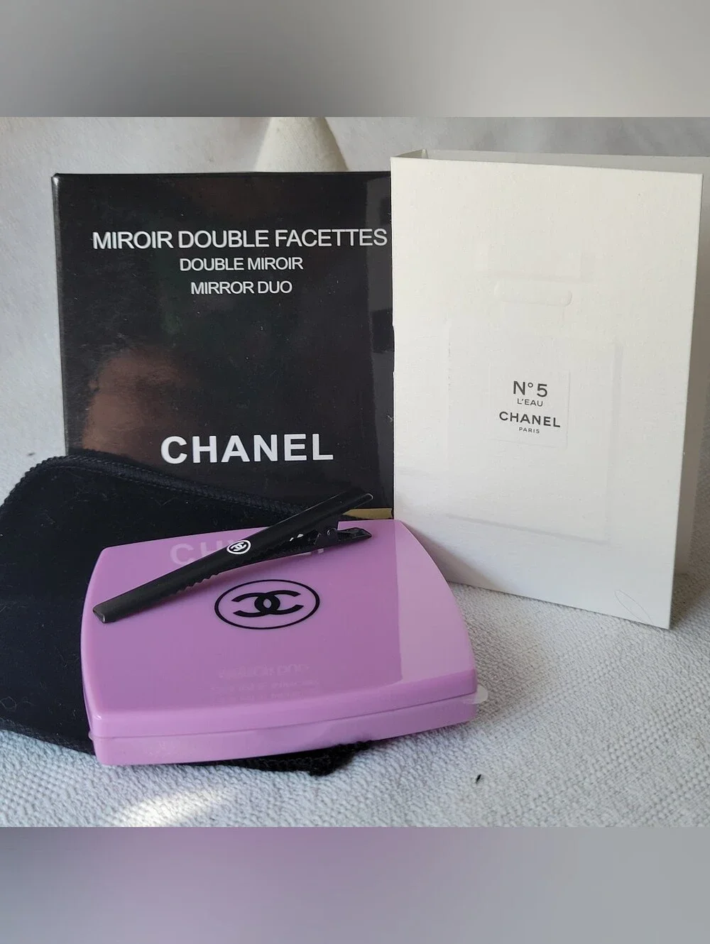 Chanel Compact Mirror with Hair Clip and EMPTY N° 5 Sample